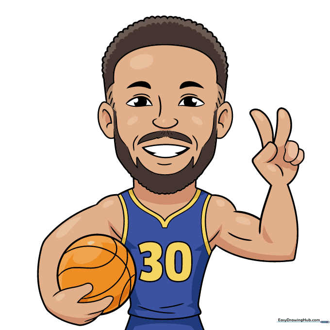 Final colored cartoon Steph Curry drawing with team colors