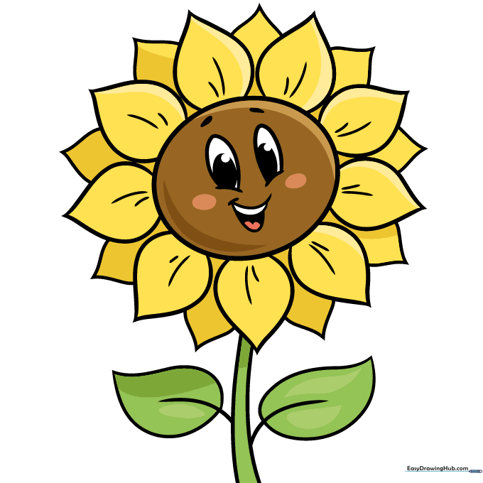 A fully colored, vibrant cartoon sunflower drawing.