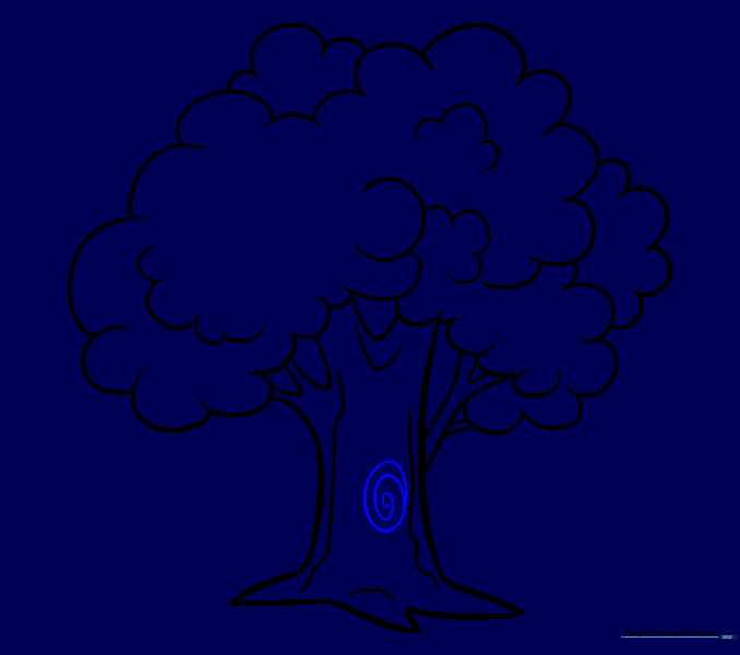 Drawing a circular knothole with a swirl inside on the trunk.