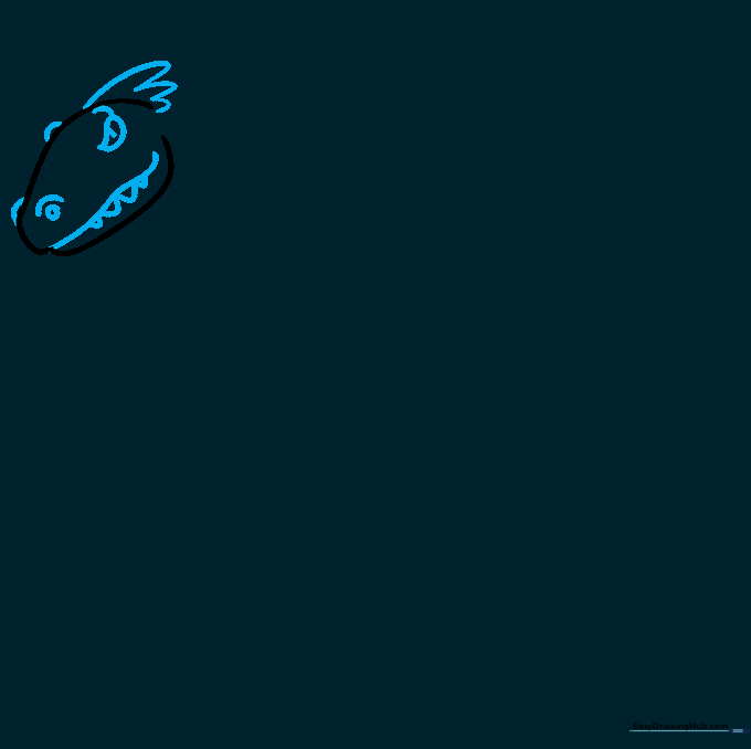 Detailed facial features including teeth, eye, and feather spikes on a cartoon dinosaur head.