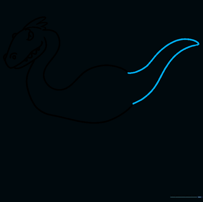 Drawing the long, pointed tail of the dinosaur.