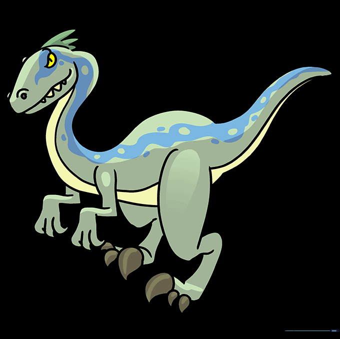 A fully colored and finished cartoon velociraptor drawing.