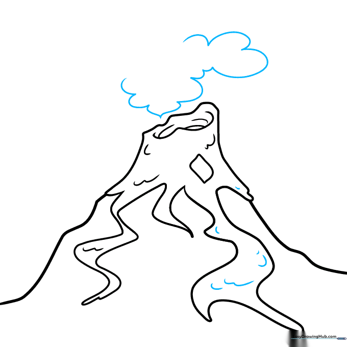 Drawing a large, fluffy smoke cloud above the volcano.