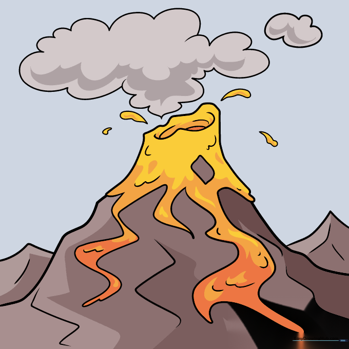 Final colored cartoon volcano drawing with lava and smoke.