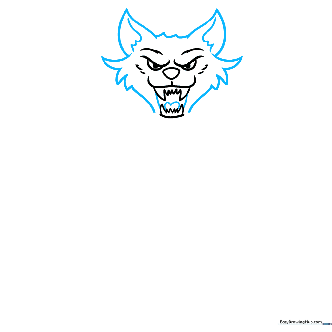 Werewolf drawing showing the addition of large, pointed ears and a tongue inside the open mouth.