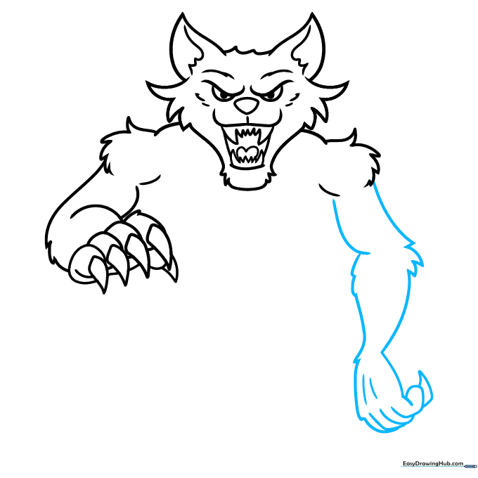 Sketch of the second werewolf arm and hand being constructed with basic shapes.