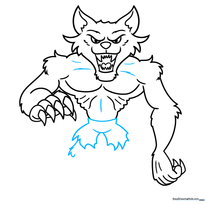 Sketch of werewolf pants featuring jagged, torn edges and knee details.