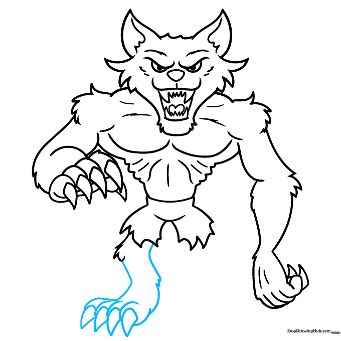 Sketch of a werewolf leg and foot with sharp claws.