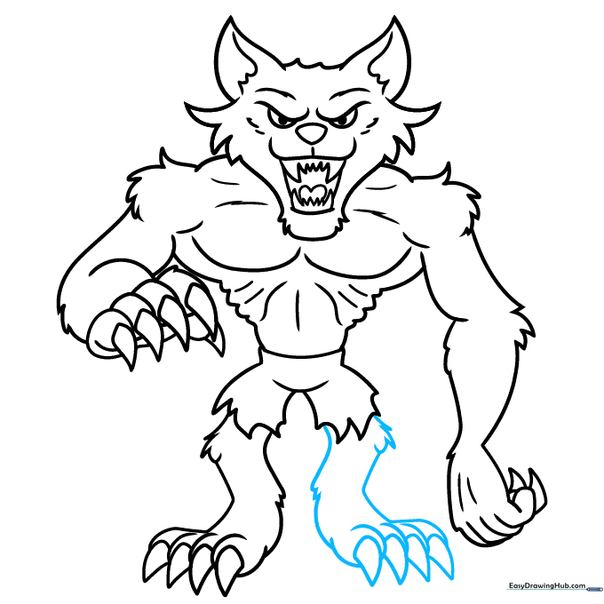 Sketch of the second werewolf leg being added to complete the full-body drawing.