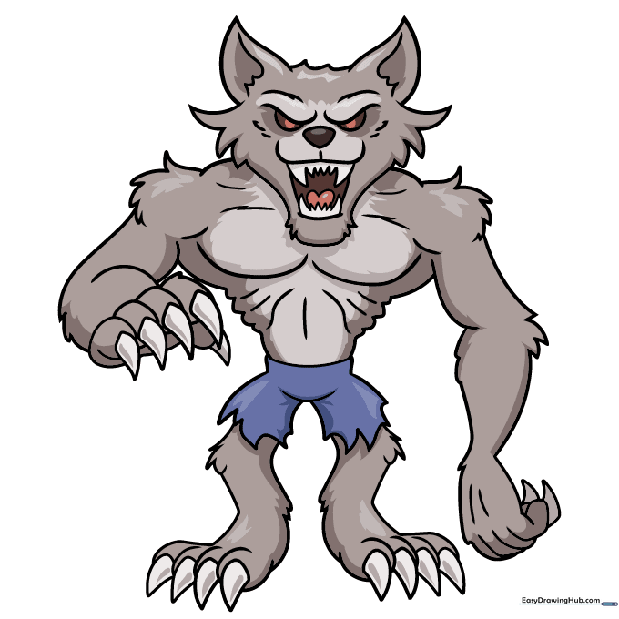 Finished, colored cartoon werewolf drawing with grey fur and blue pants.