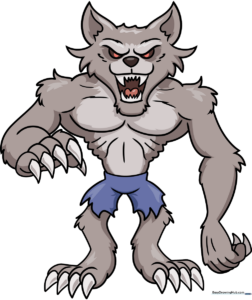 A vibrant, finished cartoon werewolf character standing in a friendly pose.