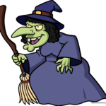 A colorful, friendly cartoon witch holding a broomstick, ready for Halloween