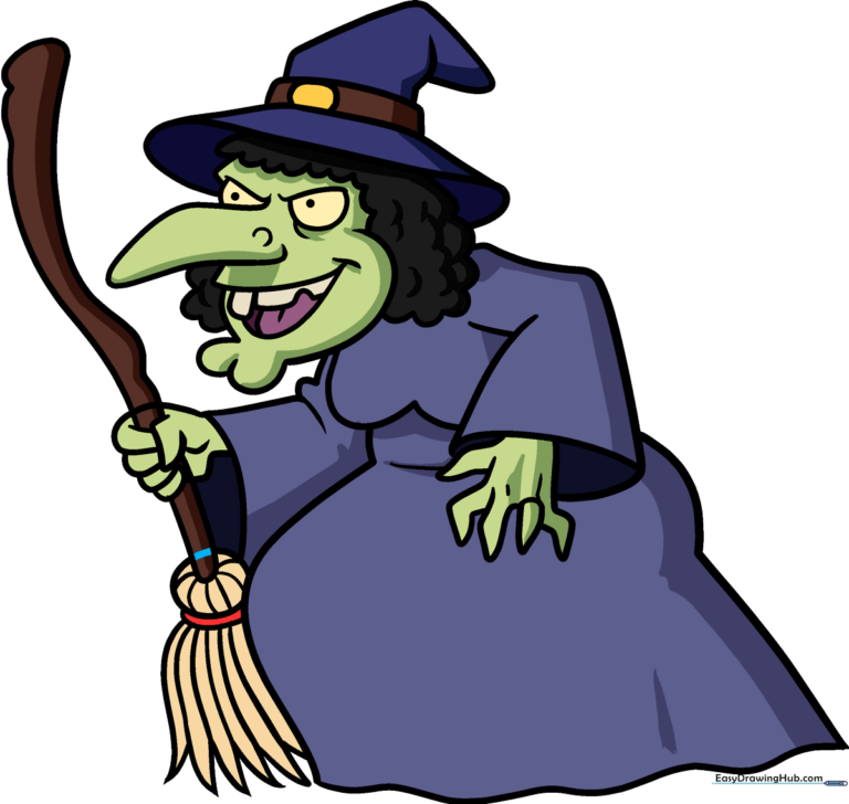 A colorful, friendly cartoon witch holding a broomstick, ready for Halloween