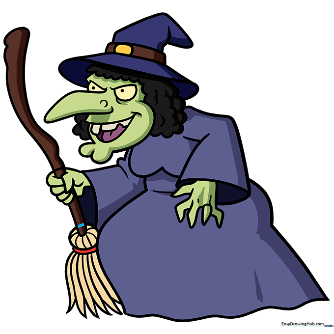 Finished, colored cartoon witch drawing with purple dress and green skin