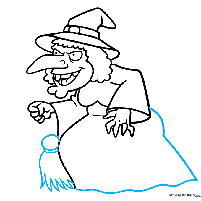 Drawing the witch's dress and the base of her broomstick