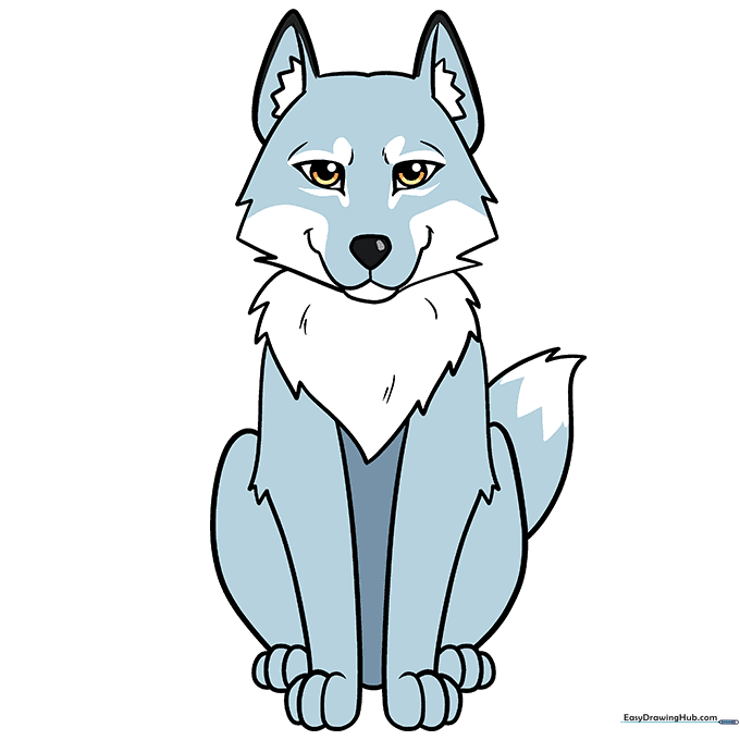 Finished, colored cartoon wolf drawing with gray and white fur.