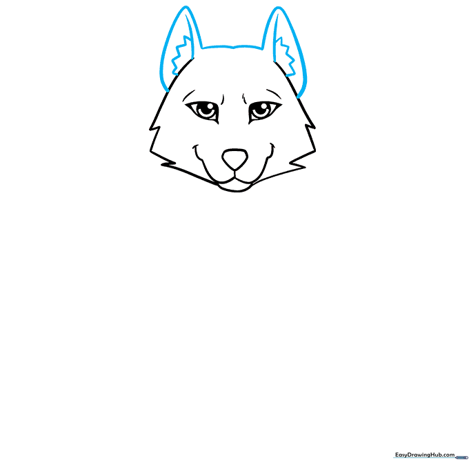 Wolf head drawing with two pointed, furry ears added to the top.
