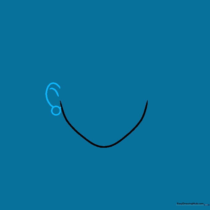 Close up of a cartoon ear drawn as a C-shape with a small circular earring attached.