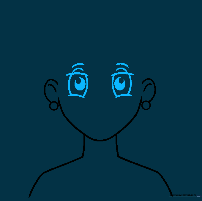 Detailed cartoon eyes with pupils, eyelids, and eyebrows added to the face.