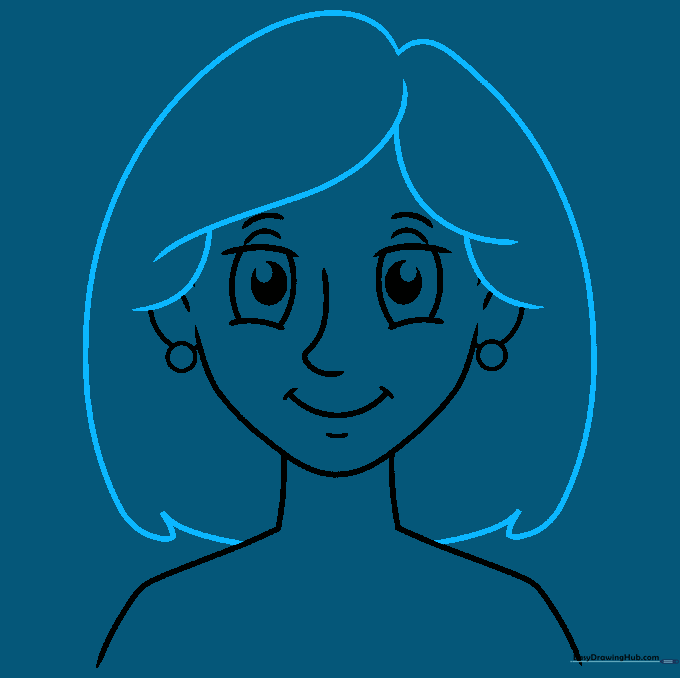 The cartoon woman now has hair styled with long, flowing lines around her face.