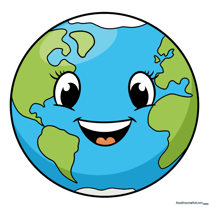 A finished, colorful cartoon world drawing with blue oceans and green land.