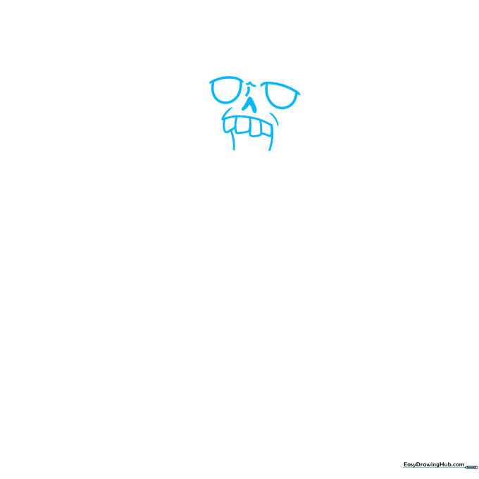 Pencil sketch showing two semi-circle eyes and an arrow-shaped nose for a cartoon zombie.