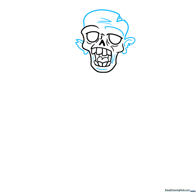 Drawing the outer head shape with jagged edges and tattered ears.