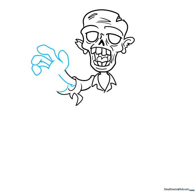 Detailed drawing of a zombie hand with lumpy fingers reaching out.