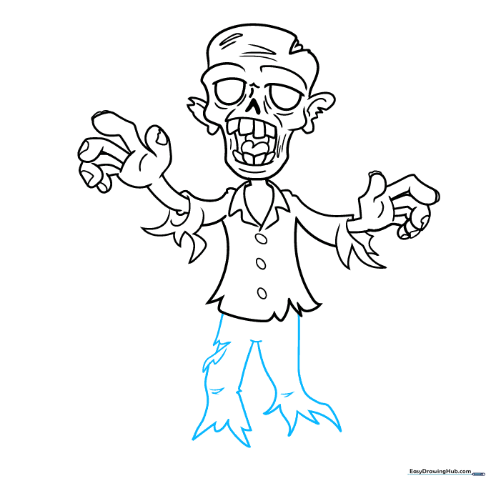 Sketching the zombie's pants with ripped details at the knees and hem.
