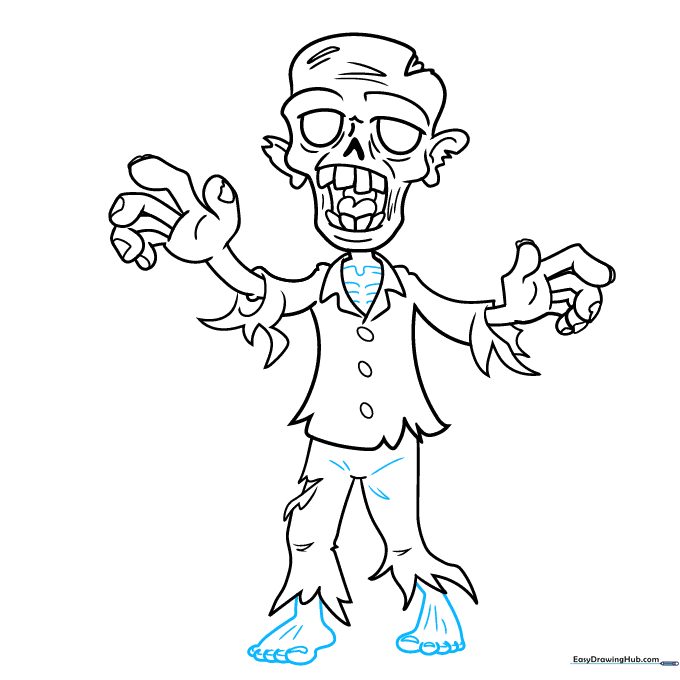 Finalizing the zombie drawing by adding feet and finishing touches.