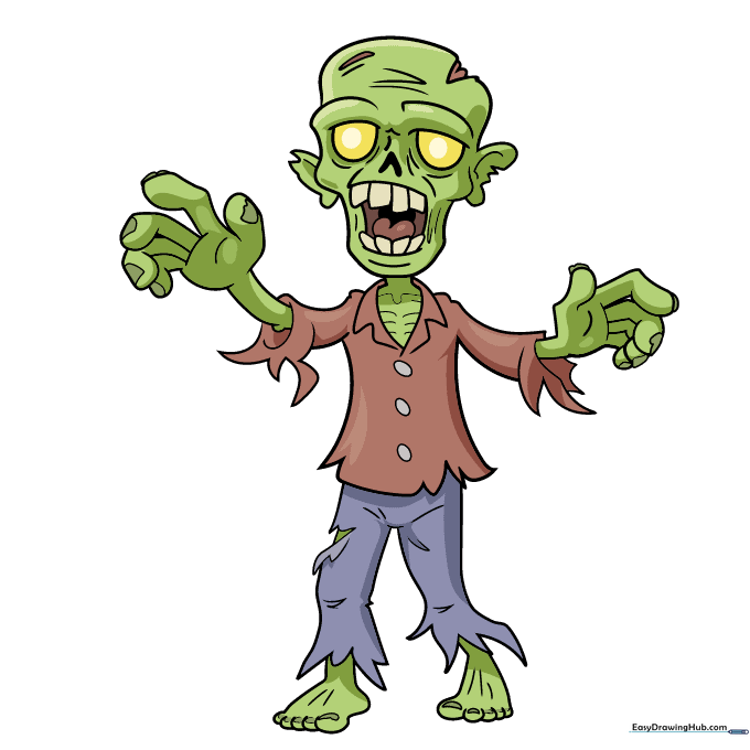 A fully colored cartoon zombie with green skin and tattered, muted clothing.