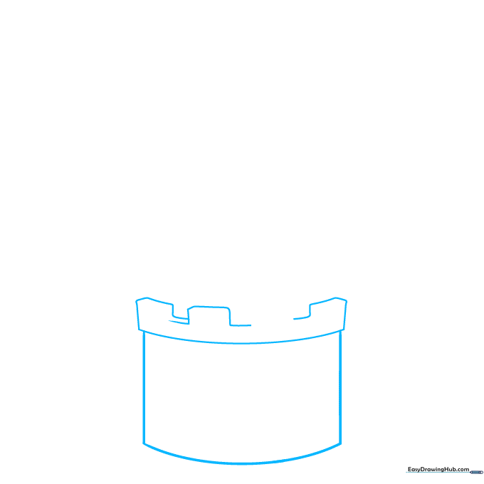 Pencil sketch of a curved rectangular base for a castle tower on white paper.