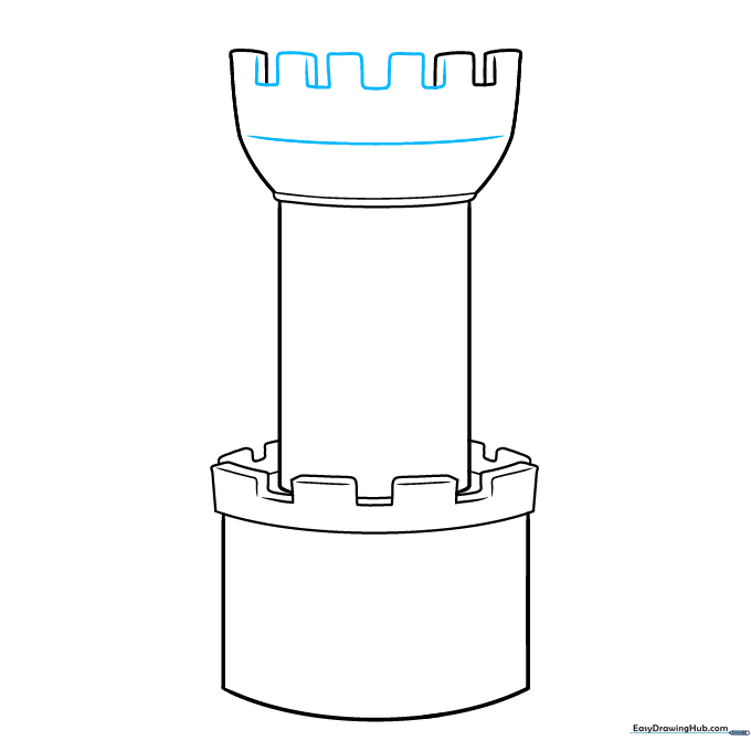Adding structural details and depth lines to the castle tower walls.