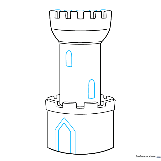 Sketching a large arched door and two small windows on the castle tower.