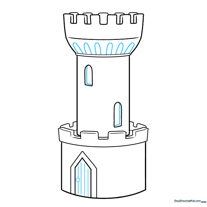 Adding a doorknob and window frame details to the castle drawing.