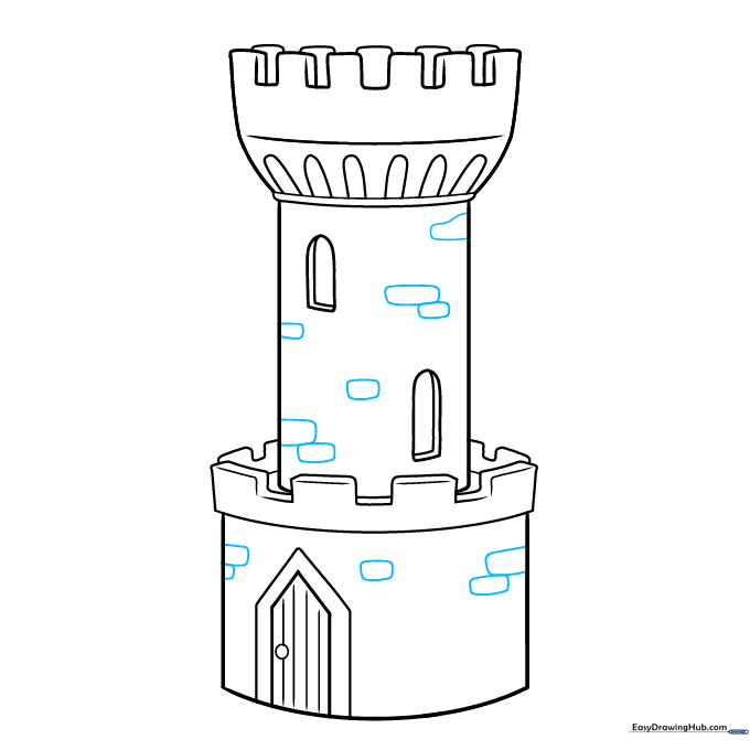 Adding brick and stone texture patterns to the exterior of the castle tower.