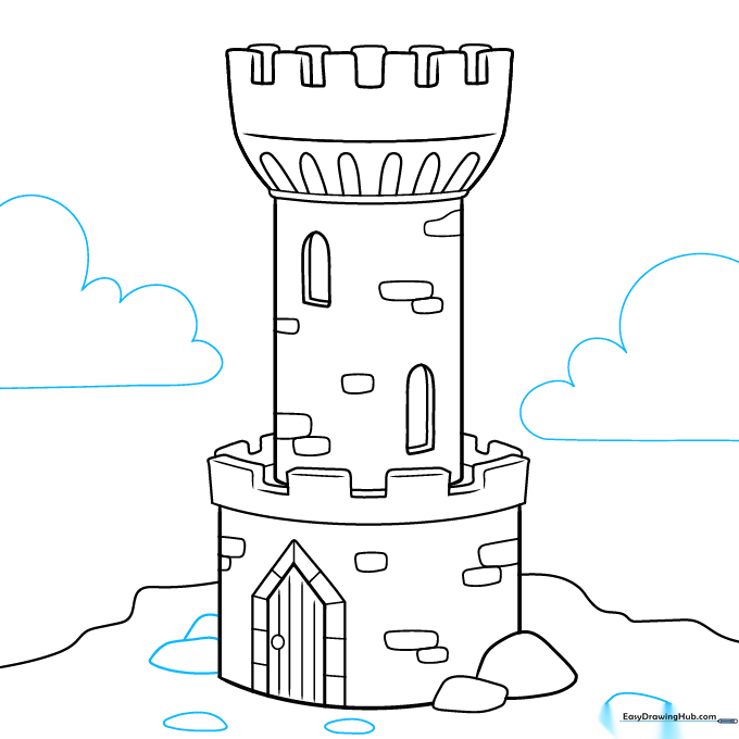 Adding clouds to the sky background of the castle tower drawing.