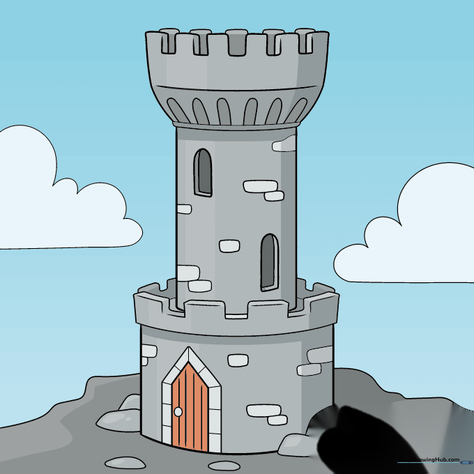 A fully colored and shaded castle tower drawing.