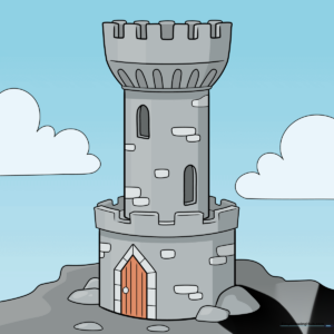A completed, colored illustration of a medieval stone castle tower against a blue sky.