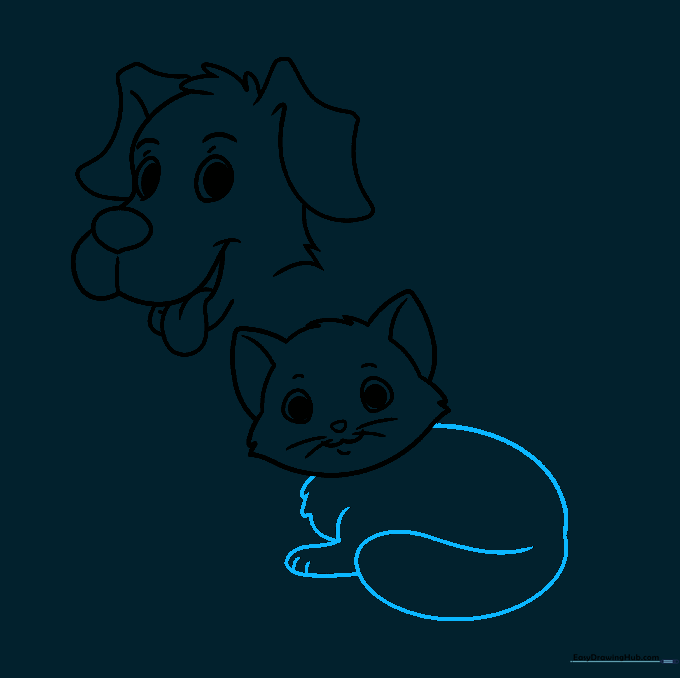 Pencil sketch showing the cat's body, tail, and front paw.