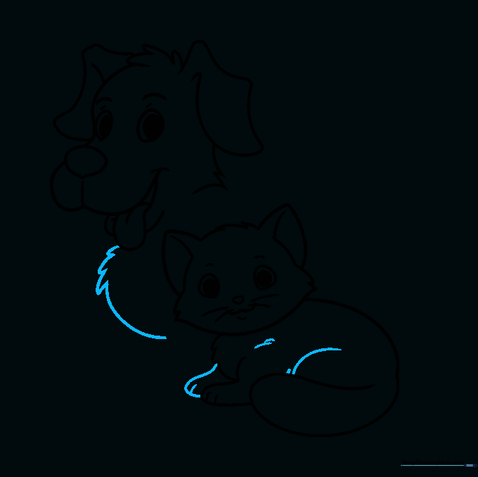 Pencil sketch showing the cat's paws and the beginning of the dog's chest.
