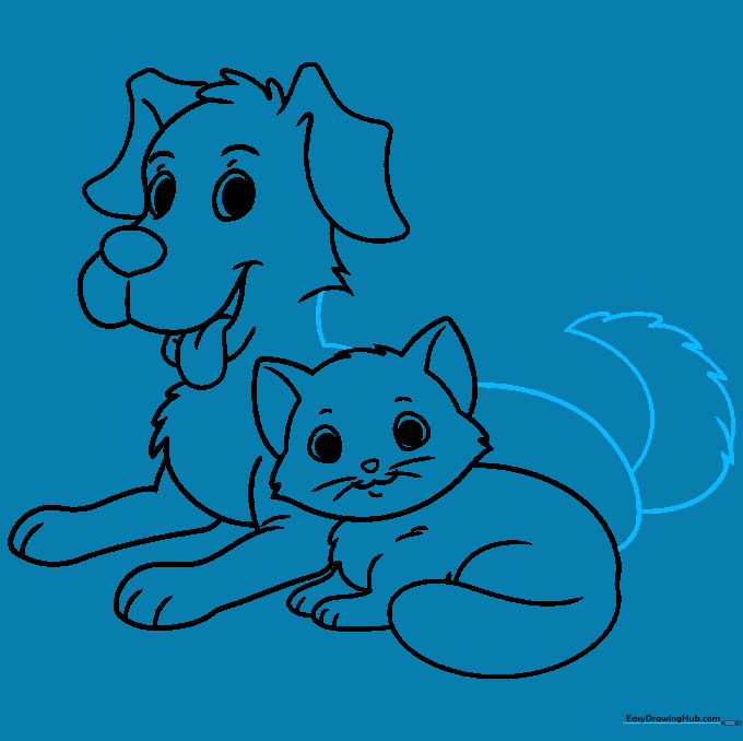 Final pencil outline of the cat and dog sitting together.