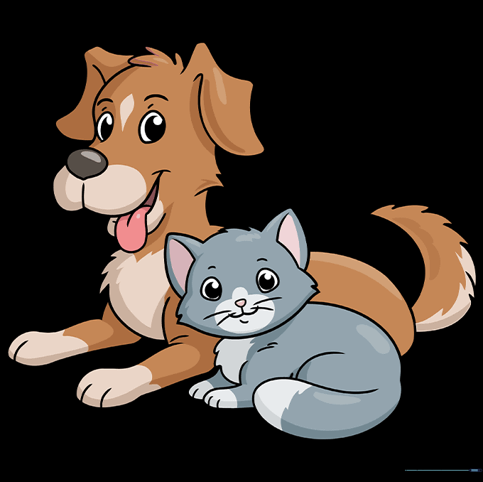 Finished, colored drawing of a cartoon cat and dog side-by-side.