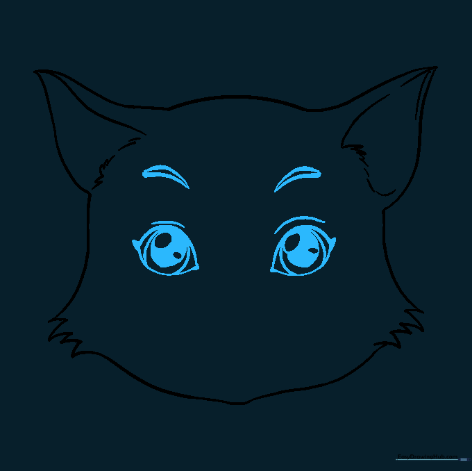 Drawing detailed almond-shaped eyes with pupils and highlights.