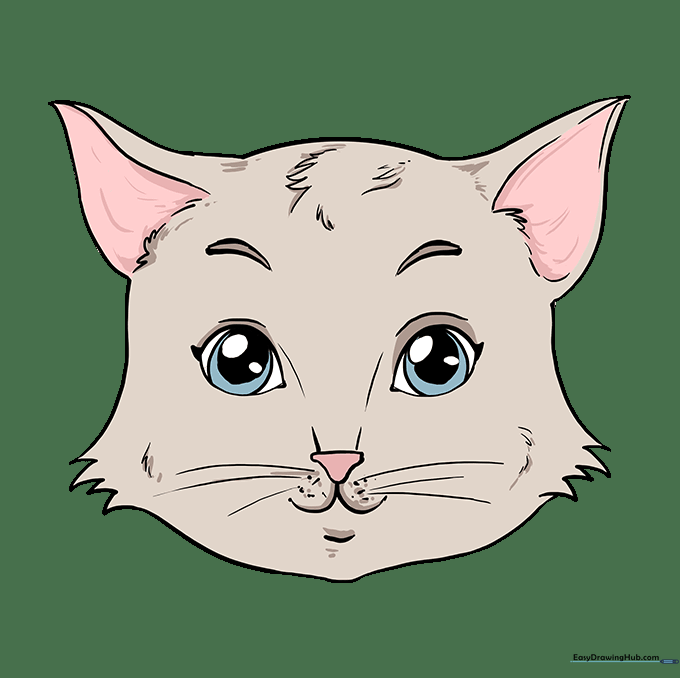 A fully colored and finished cat face drawing.