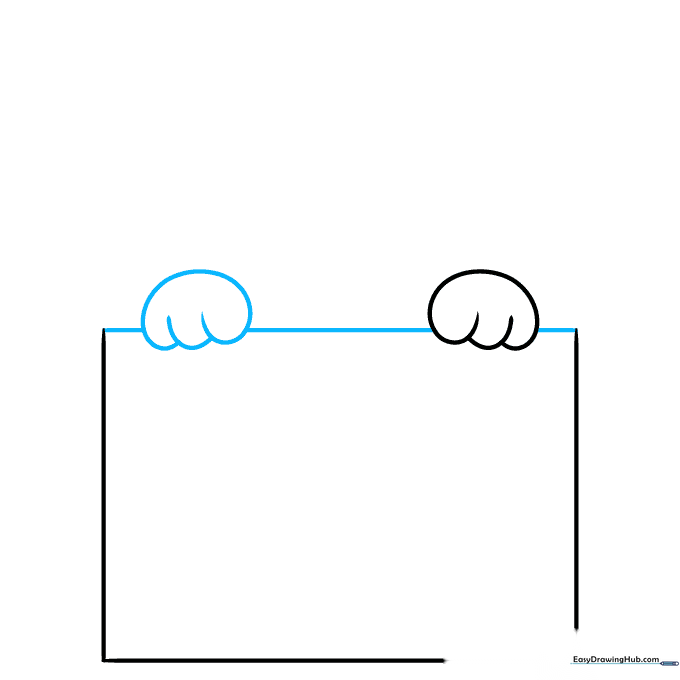 Line drawing completing the square front of the box behind the cat's paws.