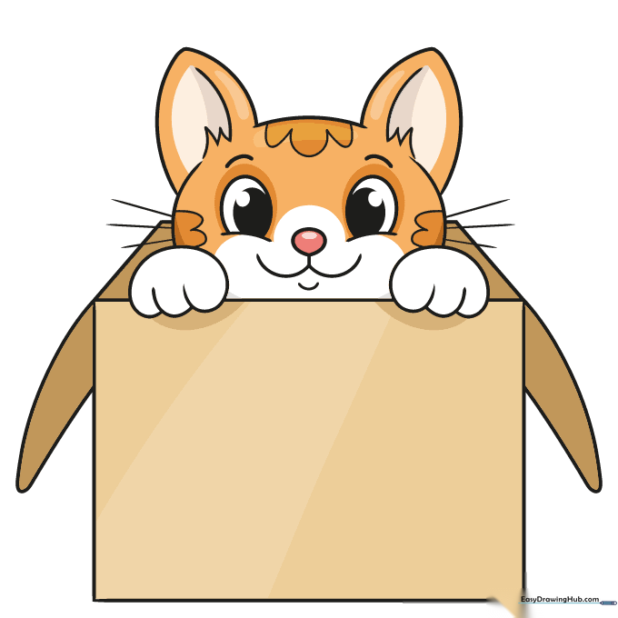 Finished, colored illustration of a cute cat sitting in a cardboard box.