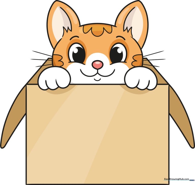 A colorful, friendly cartoon cat sitting inside a cardboard box, perfect for kids to learn how to draw.