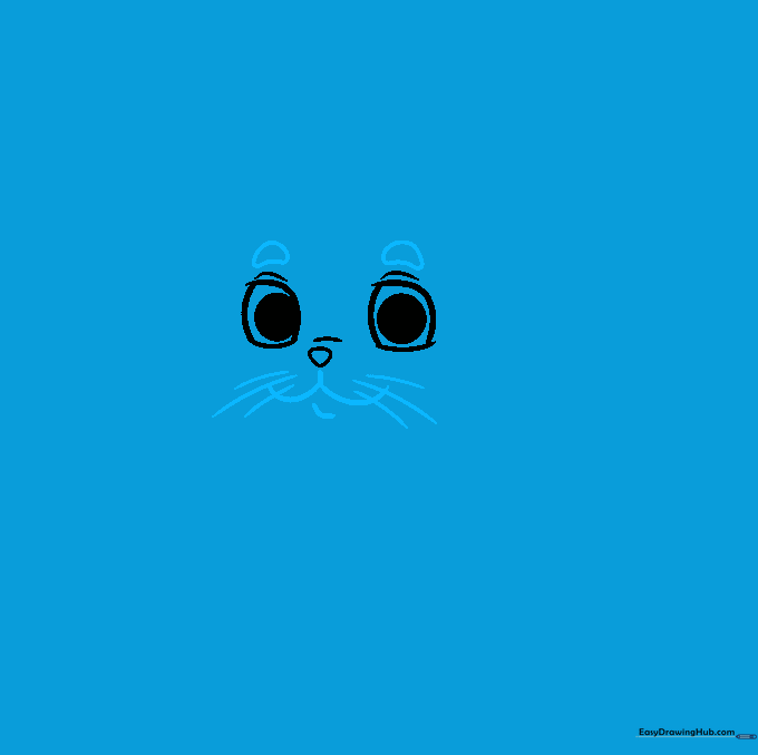 Pencil drawing of a cat face showing eyebrows, mouth, and whisker placement.