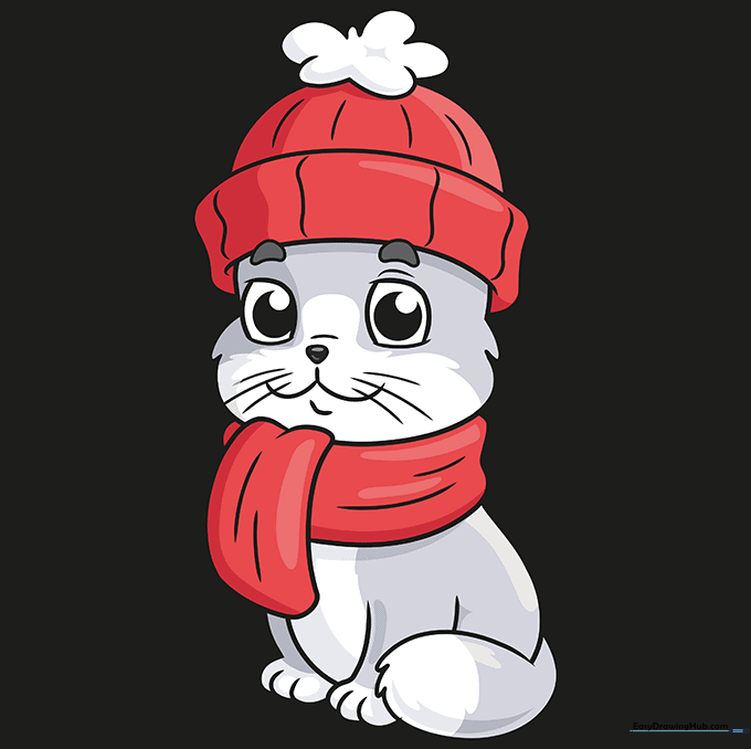 Final colored drawing of a cute cat wearing a winter hat and scarf.